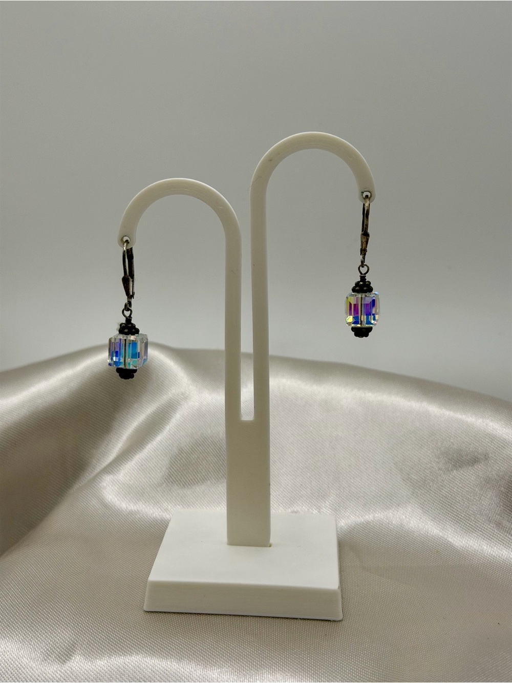 925 Sterling Silver Iridescent AB Crystal Cube Leverback Drop Earrings